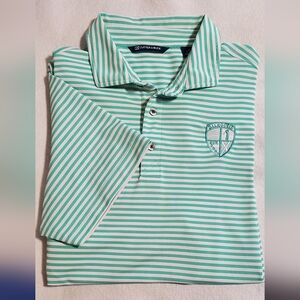 Cutter & Buck Mint Green and White Striped Polo Featuring Dollhousie Golf Logo.